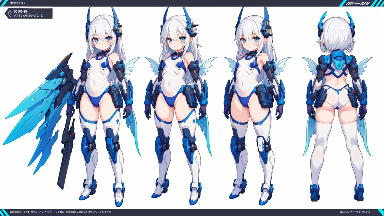 ((masterpiece, best quality, high resolution, extremely detailed CG, absurdres, highres)), detailed face, character sheet, High quality,Best quality,Ultra-detailed,high resolution,full of details, multiple poses and expressions, highly detailed, many parts,((three sided view, front view, side view, back view, full body,multiple views,highres)), concept art, character concept art, vivid color, 1girl, mecha girl, ((mecha_wings)), white armor, ((white outfit)), blue_eyes, mecha musume, white_hair, long_hair, headgear, swimsuit, breasts,thighs, standing, dark background,Ultra details++ , add more details