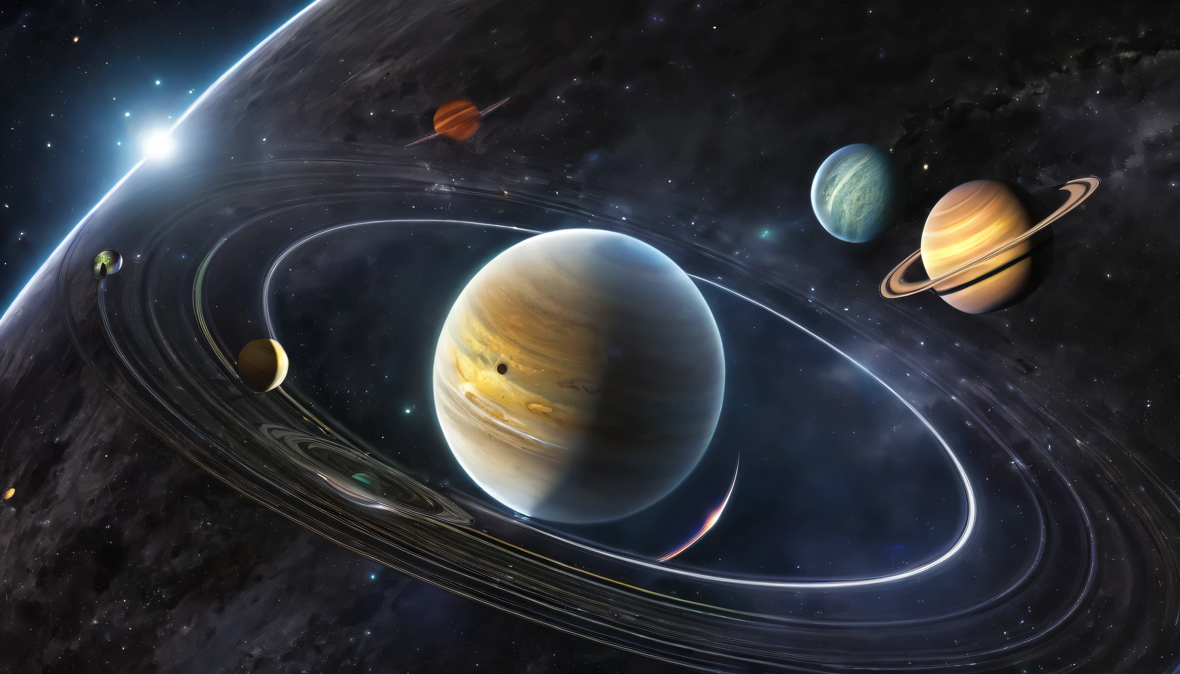 view of a planet in deep space, with stars of different colors, and 2 big planets with rings and moons in the back