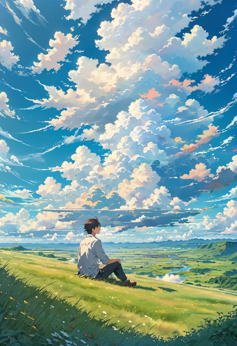 anime, anime landscape, beautiful hair, couple sweet, looking at clouds, in a grassland, creative, realist, white clouds, blue sky, landscape amazing, guy looking away from camera, wide photo