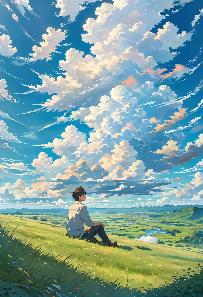anime, anime landscape, beautiful hair, couple sweet, looking at clouds, in a grassland, creative, realist, white clouds, blue sky, landscape amazing, guy looking away from camera, wide photo