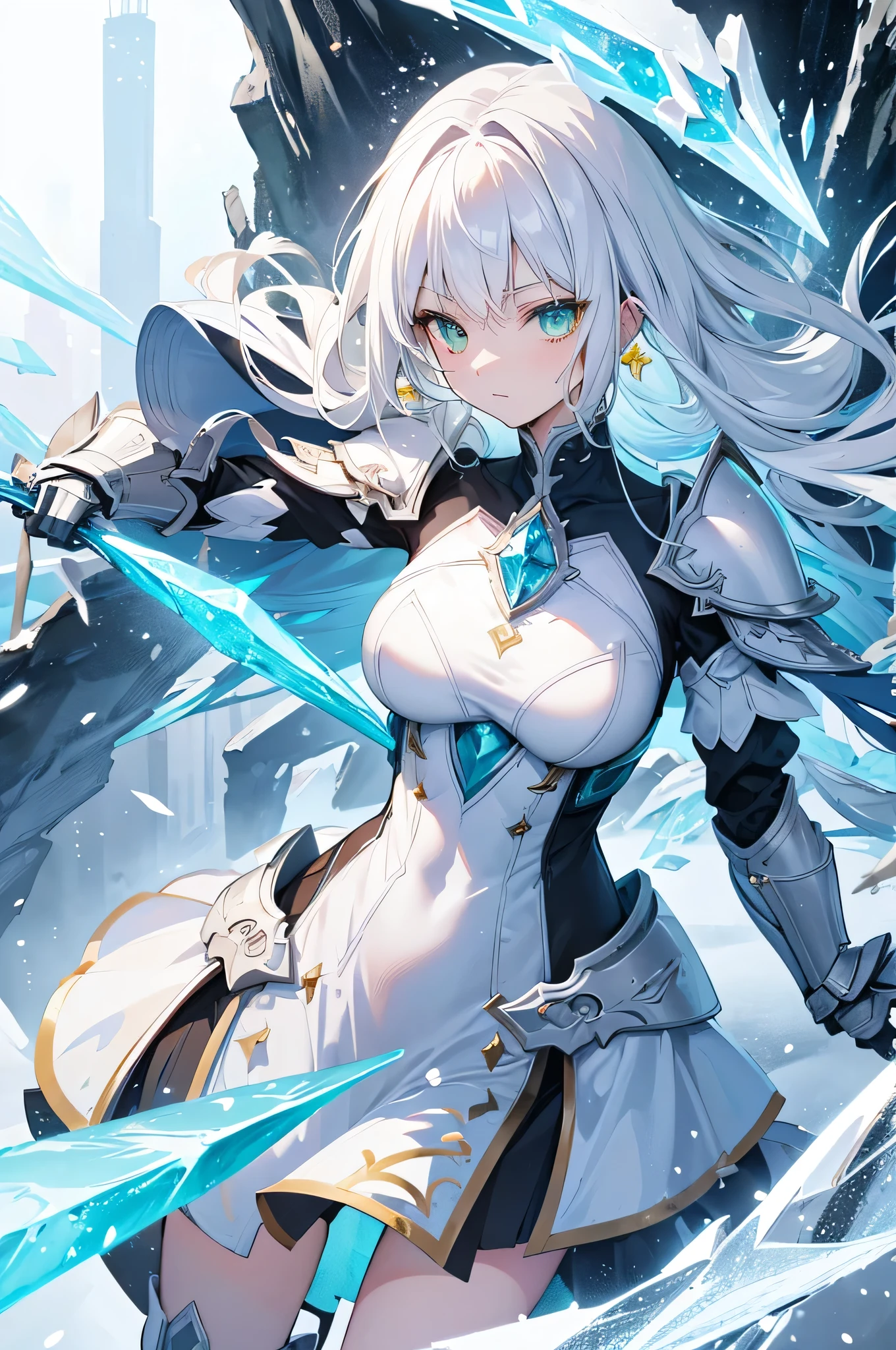 4K,high resolution,A woman,White and yellow hair,Langheier,Bright green eyes,brave,armor made of ice,Crystal sword,Snow Country,Blizzard background