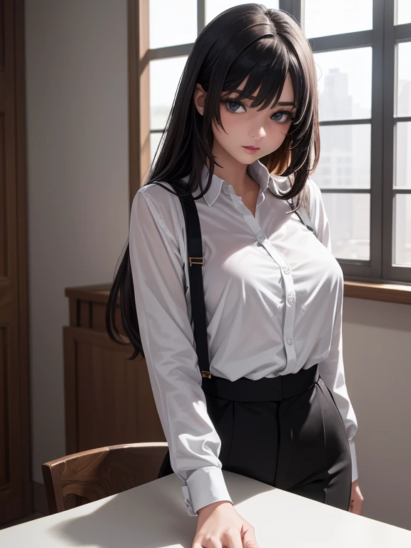 piercing woman, piercing, smile, white shirt, briefskirt. blunt bangs, (black skirt), 1girl,solo, photorealistic, high resolution, one girl, , colorful, hair color, korean, girl's room, sit on a chair, cowboy shot,