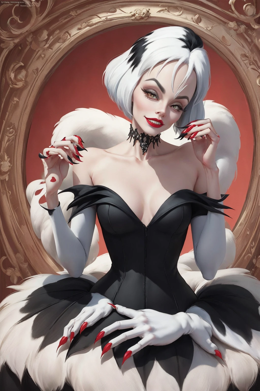 (Masterpiece - Ultra-Detailed, High Resolution) Generate a photo of Cruella Devil from 101 Dalmatians, perfect hands, perfect fingers