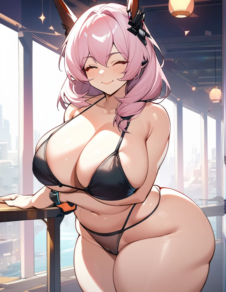 Theresa(Arknights),pink hair,very curvy body,wears see through bikini,big breast,thick thighs,fat ass,smooth midriffs,eyes closed,smiling faintly,uncensored,very nsfw.