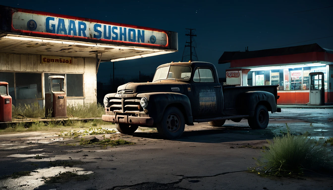 004: Create a hyper-realistic image of a large black truck parked in front of an old, abandoned gas station at night. The truck is slightly angled, with its headlights on, casting a harsh light on the decaying structure. The gas station's sign is barely legible, covered in grime and rust. The surrounding area is desolate, with overgrown weeds and broken pavement. In the distance, the faint outline of a figure can be seen, partially obscured by the shadows, adding to the sense of unease. The image should be in a 16:9 format, with the lighting and shadows enhancing the ominous atmosphere.