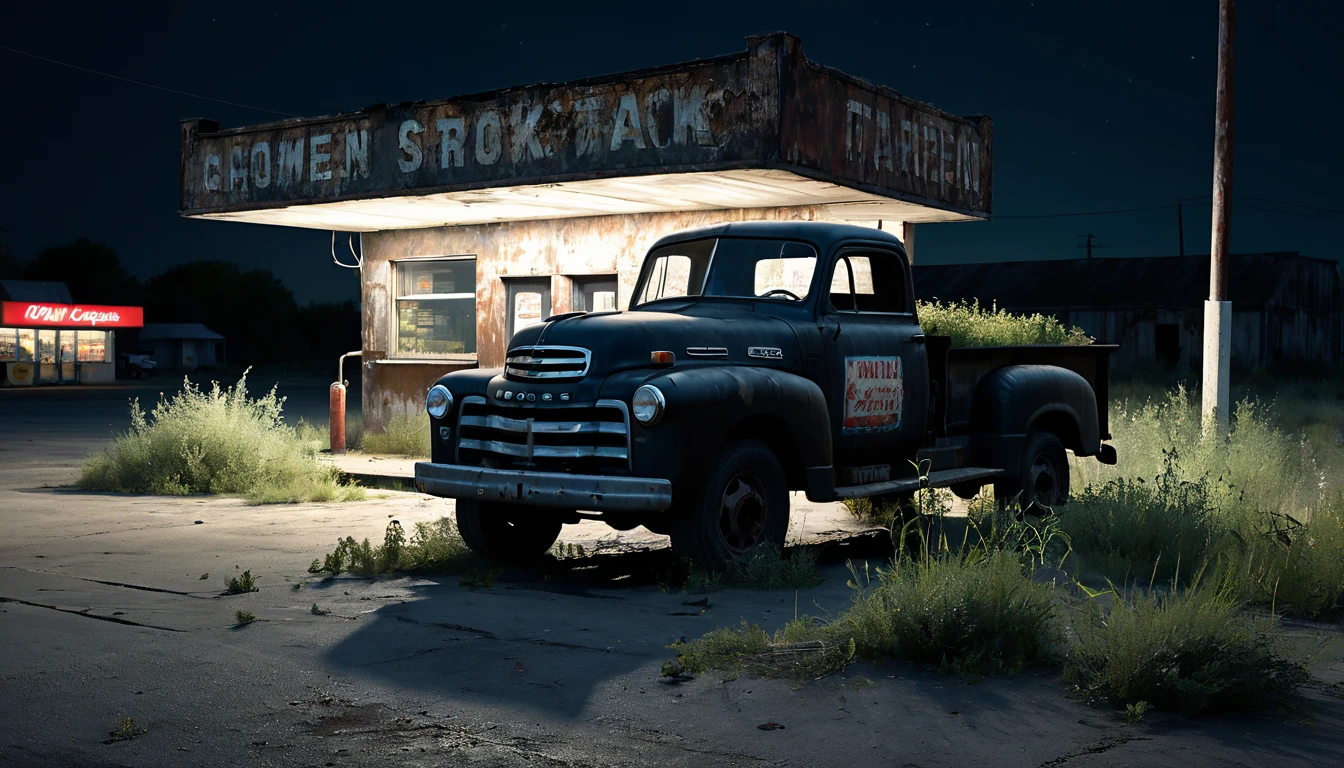 004: Create a hyper-realistic image of a large black truck parked in front of an old, abandoned gas station at night. The truck is slightly angled, with its headlights on, casting a harsh light on the decaying structure. The gas station's sign is barely legible, covered in grime and rust. The surrounding area is desolate, with overgrown weeds and broken pavement. In the distance, the faint outline of a figure can be seen, partially obscured by the shadows, adding to the sense of unease. The image should be in a 16:9 format, with the lighting and shadows enhancing the ominous atmosphere.