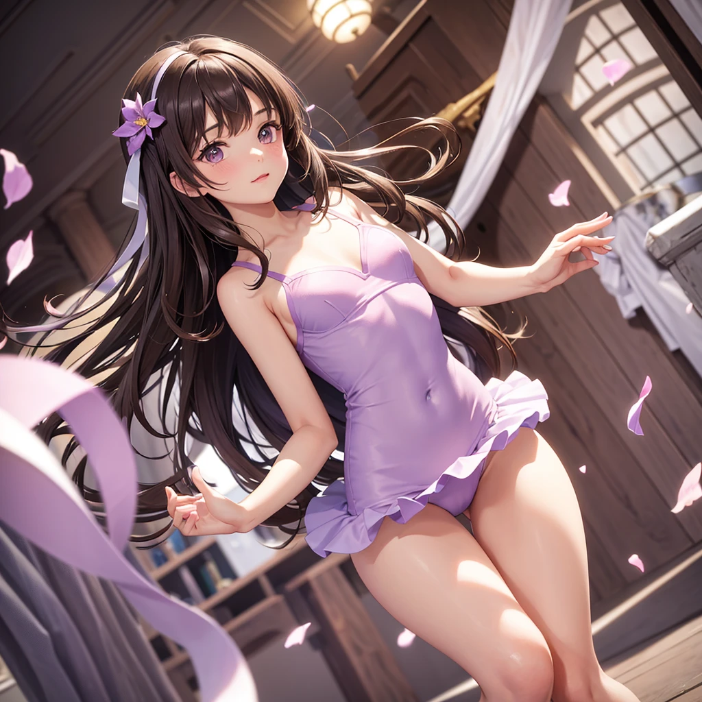 Makes a picture of a dark brown haired girl who is a ballet dancer in a lilac tutu