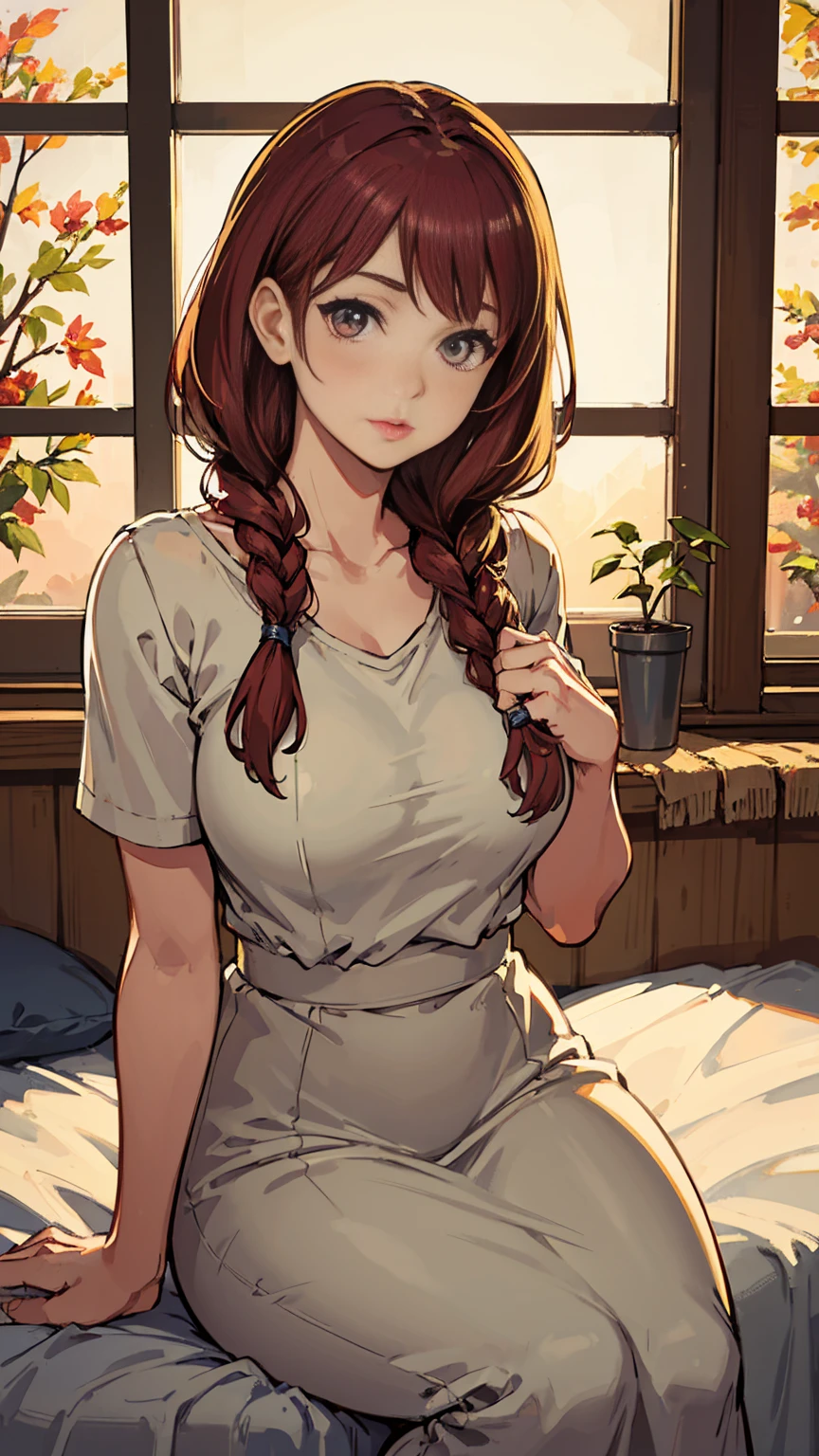 Young Scandinavian woman, Cute Face, Fascinating, Highest quality, masterpiece, Translucent summer dress, Golden Hour, Detailed Texture, Long braided hair, Sitting on the bed, Pause, カジュアルなPause, Wooden cottage, interior, [blush], beautiful, Complex, Caustics, light, sunlight, (((Soft lips))), (((Glossy Lips))), Very detailed, (Semi-realistic:1.2), Niroudef, Redhead