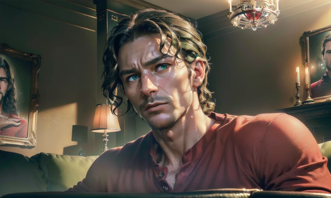 "((highly detailed, detailed eyes, detailed face, clear and realistic facial features, photorealistic, realistic light; cinematic)), (1 man), ((((classy living room background)))), (((sophisticated gorgeous beautiful refined middle-aged male artist))), ((((intense fascinated expression)))), ((mystical air)), (((green eyes))), (wavy shoulder-length brunette hair), (((dressed in a red shirt and chinos)))."