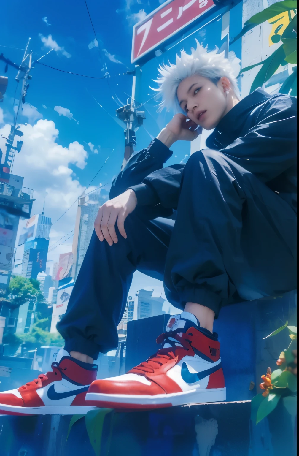 Gojo satoru, jujutsu kaisen, white hair, blue eyes, black clothes, sneaker shoes, modern city background, cyberpunk light effect, detailed eyes, detailed hand, detailed face, detailed hair, detailed lips, ultra realistic, ultra detailed, best quality, masterpiece.
