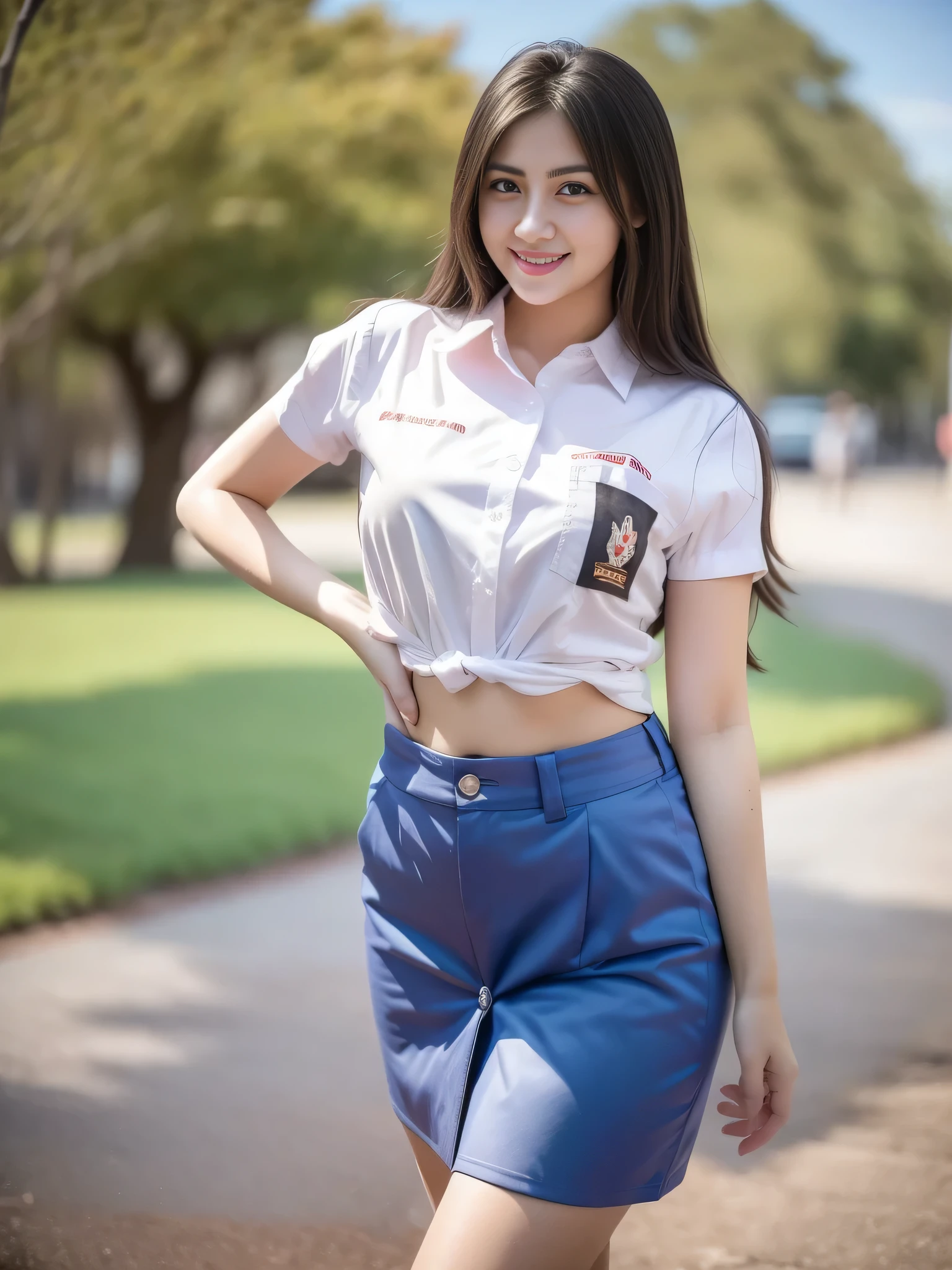 1girl, (uniform), standing, outdoors, night view, detailed Metropolitan city at the background, (Overhead view:1.35), (zoom out: 1.1), detailed face, cute little smile, detailed eyes, medium thick breasts, six pack abs, smooth realistic skin, semi-curvy body, white shirt, grey blue short skirt, looking at the audience, (8k, RAW photo, best quality, masterpiece: 1.2), (realistic, realistic: 1.37), ultra-high resolution