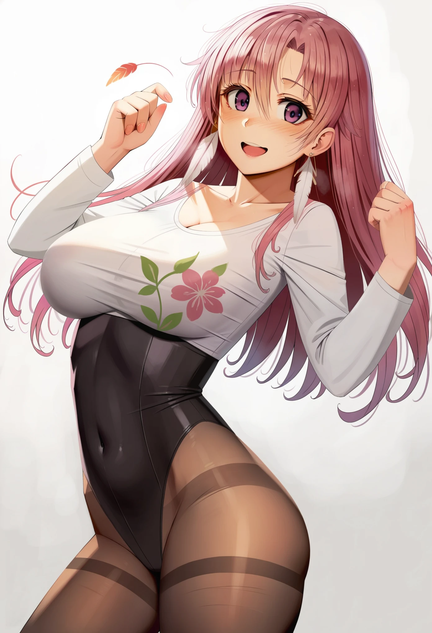 JellyTits7 style, 1girl, solo, takanashi_kiara, virtual_youtuber, orange_hair, earrings, breasts, pantyhose, jewelry, large_breasts, open_mouth, looking_at_viewer, smile, leotard, covered_navel, bangs, ass_visible_through_thighs, blush, collarbone, feather_earrings, white_background, purple_eyes, simple_background, arms_up, floral_print, shirt, multicolored_hair, long_sleeves, cowboy_shot