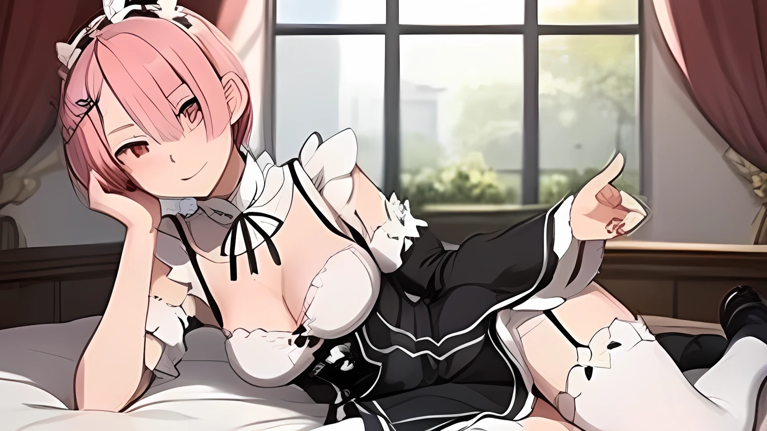 (masterpiece, Highest quality;1.3), Very detailed, Watching the audience,  Lying in bed,smile,
RE_zero, Pink Hair, short hair, Maid clothes, hair ornaments, Cleavage, Maid Head, Removable sleeves, ribbon