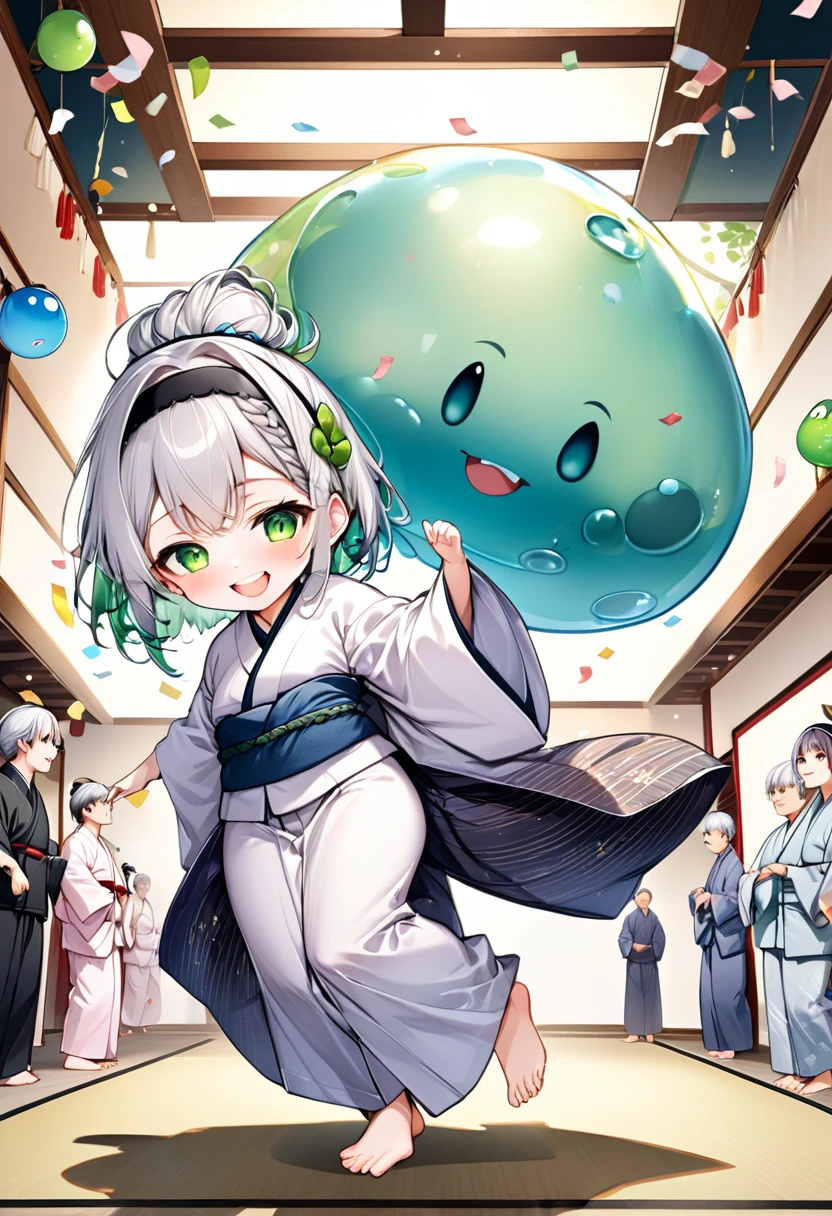 Highest quality, High resolution, Detailed Background, Beautiful face in every detail, Anatomically correct, Detailed facial expressions, fine grain, ((full body:1.2, from below, front view, looking away:1.3)), ((One Girl:1.2)), ((Chibi Girl:1.2)), (perform a comedy routine, company party), silver Hair, beautiful clear big green eyes, Braided Bob, (hair band:1.2),  BREAK (yukata, barefoot),  (Very big smile:1.3), ((ball-riding with a big slime:1.3, Spread arms horizontally, have fan)), BREAK (Background is the Japanese-style banquet hall, Yukata colleague, Confetti, Many dishes, Bottled beer)