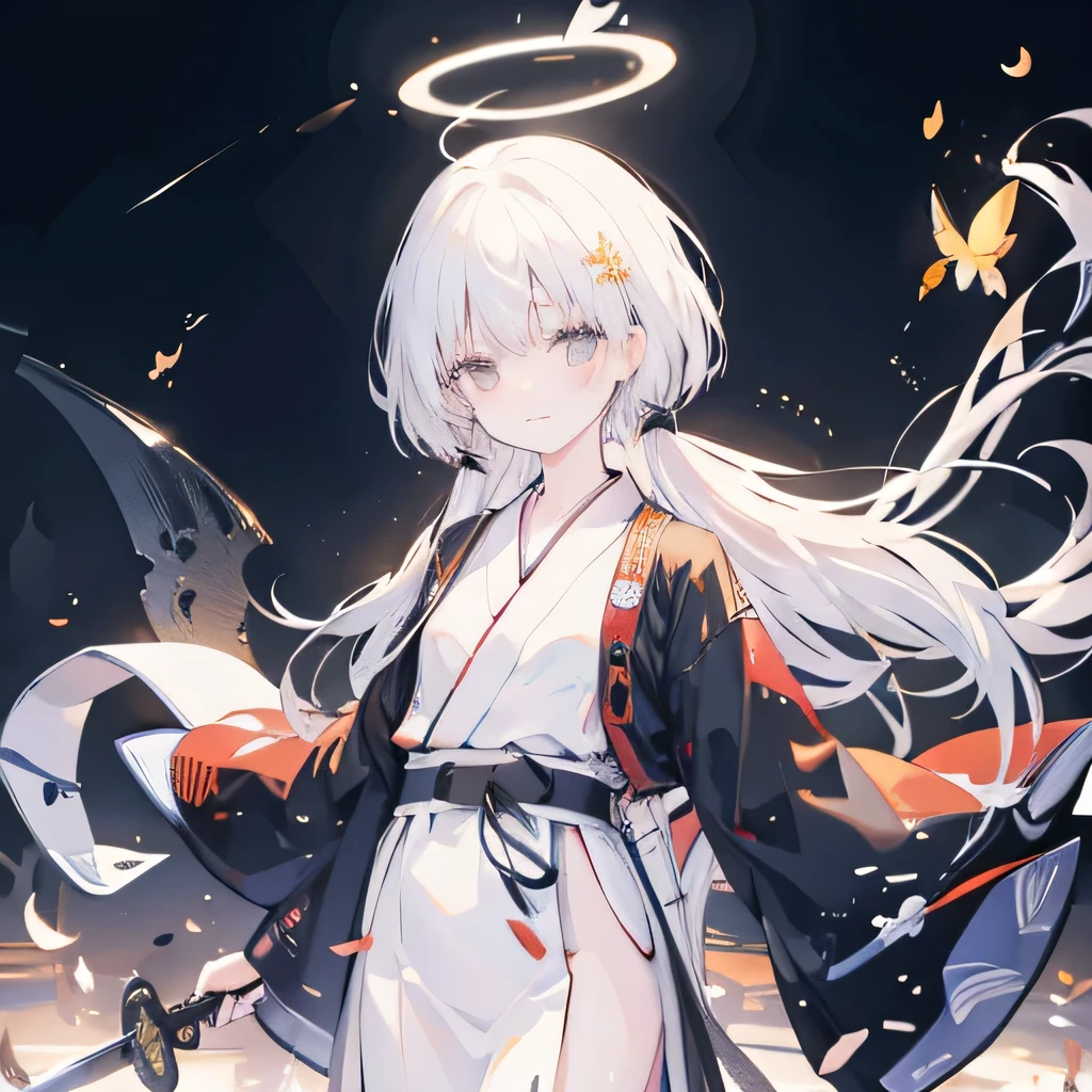 ((high resolution　White hair　Long hair　Black Kimono　Black Belt　Military commander　Lonely　despair))　((Yellow butterfly　night　Japanese style　　old　Dazzling Halo　Japanese Garden　water surface))　(dance　Blade of Darkness　Japanese sword　reduce)　moon　Star　Draw your sword　reduce　Go for a ride　autumn