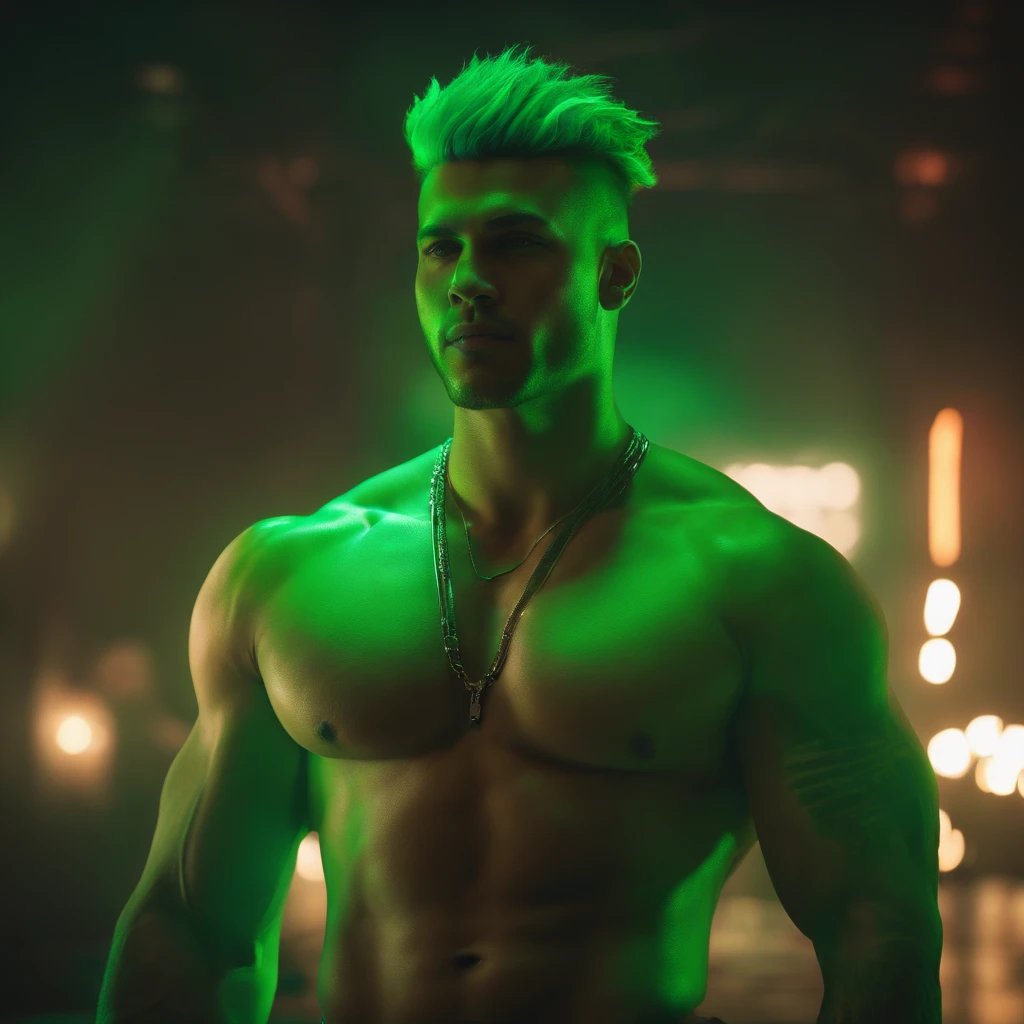 a tall, muscular man with green punk hairstyle, cyberpunk clothing, dramatic lighting, cinematic, high quality, hyper detailed, 8k, ultra realistic, photorealistic, intricate details, sharp focus, vivid colors, moody atmosphere, dynamic pose, advanced rendering, science fiction, futuristic, neon lights