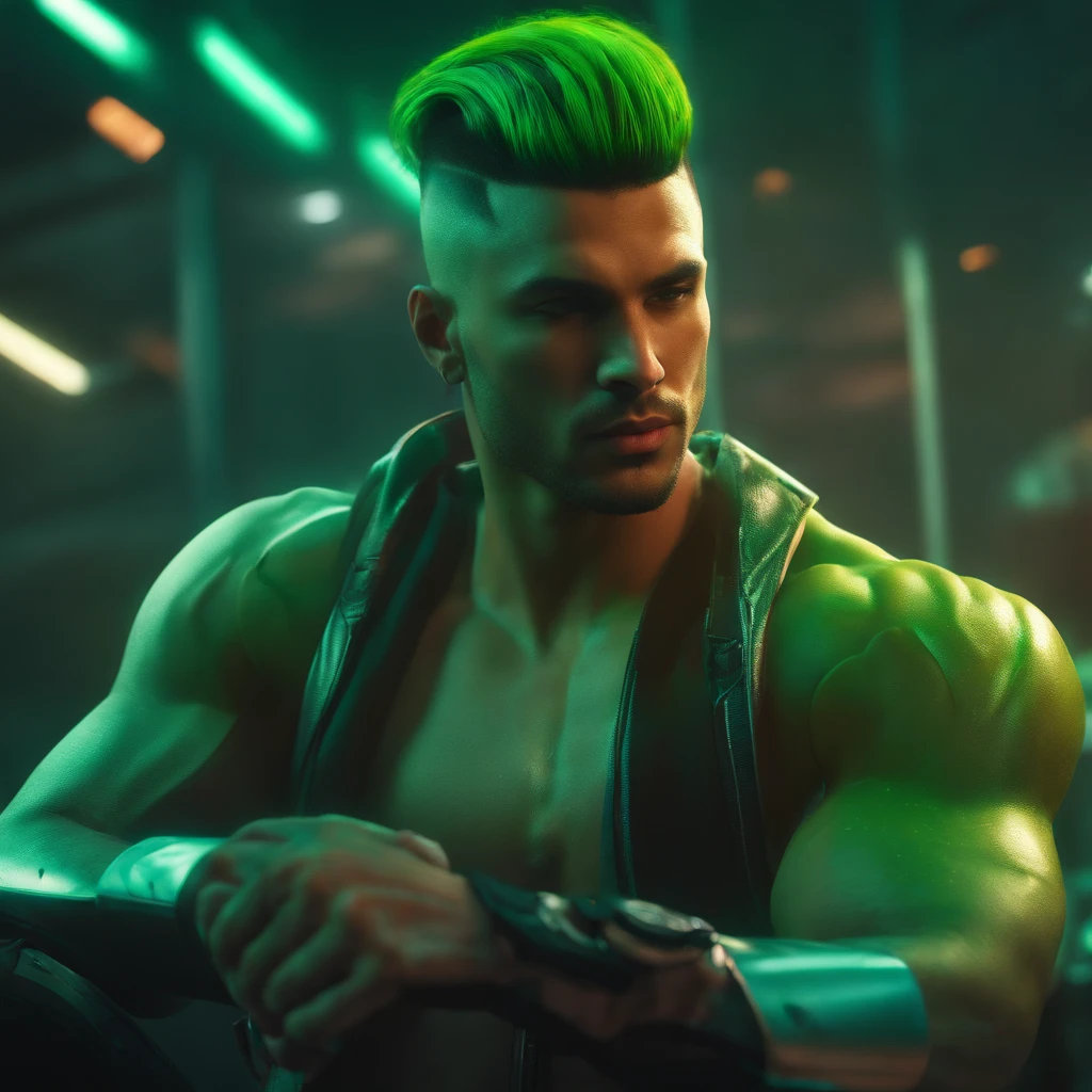 a tall, muscular man with green punk hairstyle, cyberpunk clothing, dramatic lighting, cinematic, high quality, hyper detailed, 8k, ultra realistic, photorealistic, intricate details, sharp focus, vivid colors, moody atmosphere, dynamic pose, advanced rendering, science fiction, futuristic, neon lights