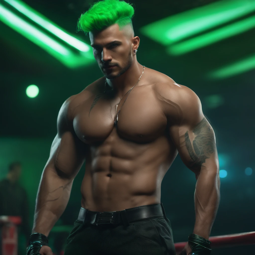 a tall, muscular man with green punk hairstyle, cyberpunk clothing, dramatic lighting, cinematic, high quality, hyper detailed, 8k, ultra realistic, photorealistic, intricate details, sharp focus, vivid colors, moody atmosphere, dynamic pose, advanced rendering, science fiction, futuristic, neon lights