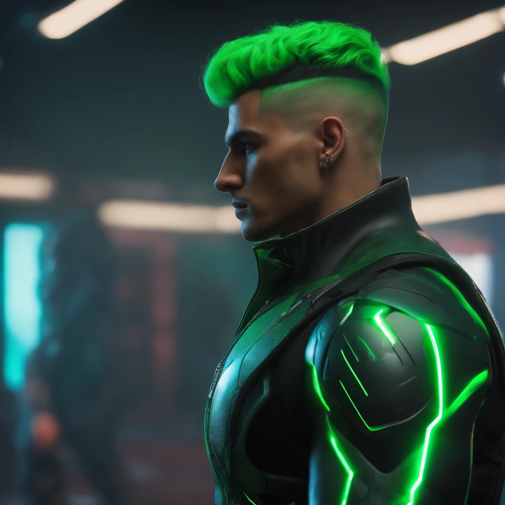 a tall, muscular man with green punk hairstyle, cyberpunk clothing, dramatic lighting, cinematic, high quality, hyper detailed, 8k, ultra realistic, photorealistic, intricate details, sharp focus, vivid colors, moody atmosphere, dynamic pose, advanced rendering, science fiction, futuristic, neon lights