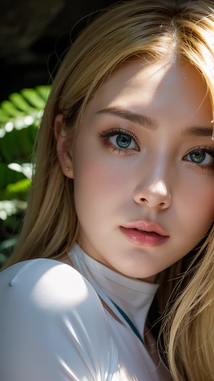 Strong lighting, strong contrast, In the cave with an open roof、Sunlight filters through green moss and ferns.。, and open( Sea view:1.1) finish, Cel-shaded rfinishering, 4K, 360 degree, Rectangular projection, what, one woman, 30-year-old woman、beautiful woman、long blonde hair、White latex leotard、white long boots、white armband、Masterpiece, 最High quality, High quality, high resolution, (((face close up)))、big breasts、rift、Look sexy