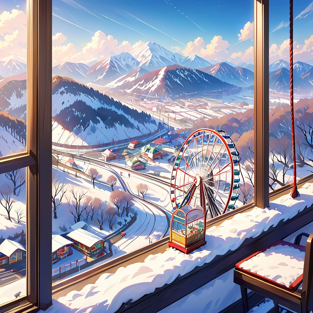 The scenery outside the window of the gondola at the top of the Ferris wheel, distant view, outside the amusement park is a residential area, mountains can be seen in the distance, amusement park,winter season,