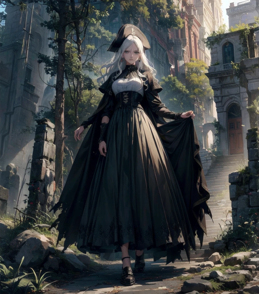 absurdres, RAW photo, extremely delicate and beautiful, masterpiece, Best Quality, ultra high resolution, 32k, hyperrealistic, ultra-detailed, Very detailed CG 8k wallpaper, detailed background, landscape, Beautiful Lighting, Perfect Lightning, Realistic Shadows, perfect anatomy, anatomically correct, ideal ratio body proportions, perfect figure, Perfect Style, Perfect balance, super Detailed skin, in her 30s, very Slim body, narrow waist, very small head, very small face, delicate facial features, handsome detailed woman, very detailed eyes and face, realistic face proportions, Realistic beautiful face, Realistic beautiful eyes, tearful mole, earring, whole body shot, very huge round tits, medium hair, asymmetrical hair, wavy hair, outdoor, Practical pirate clothing, Long-sleeved pirate top, Skirt, torn pirate hat, white hair, green eyes, blood, vampiric, red eyes, fangs, black cape,