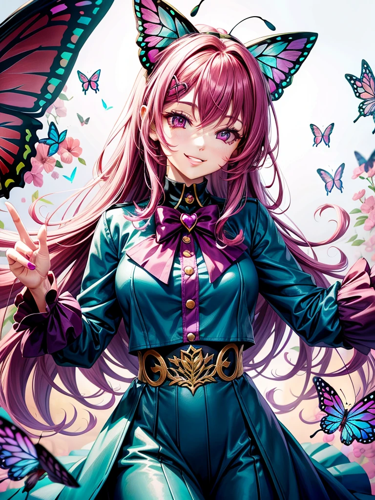Magenta hair, magenta eyes, older woman, hair bows, cat ears, long hair, smiling face, sexy outfit, butterflies, teal and gold outfit, butterfly background, uniform top