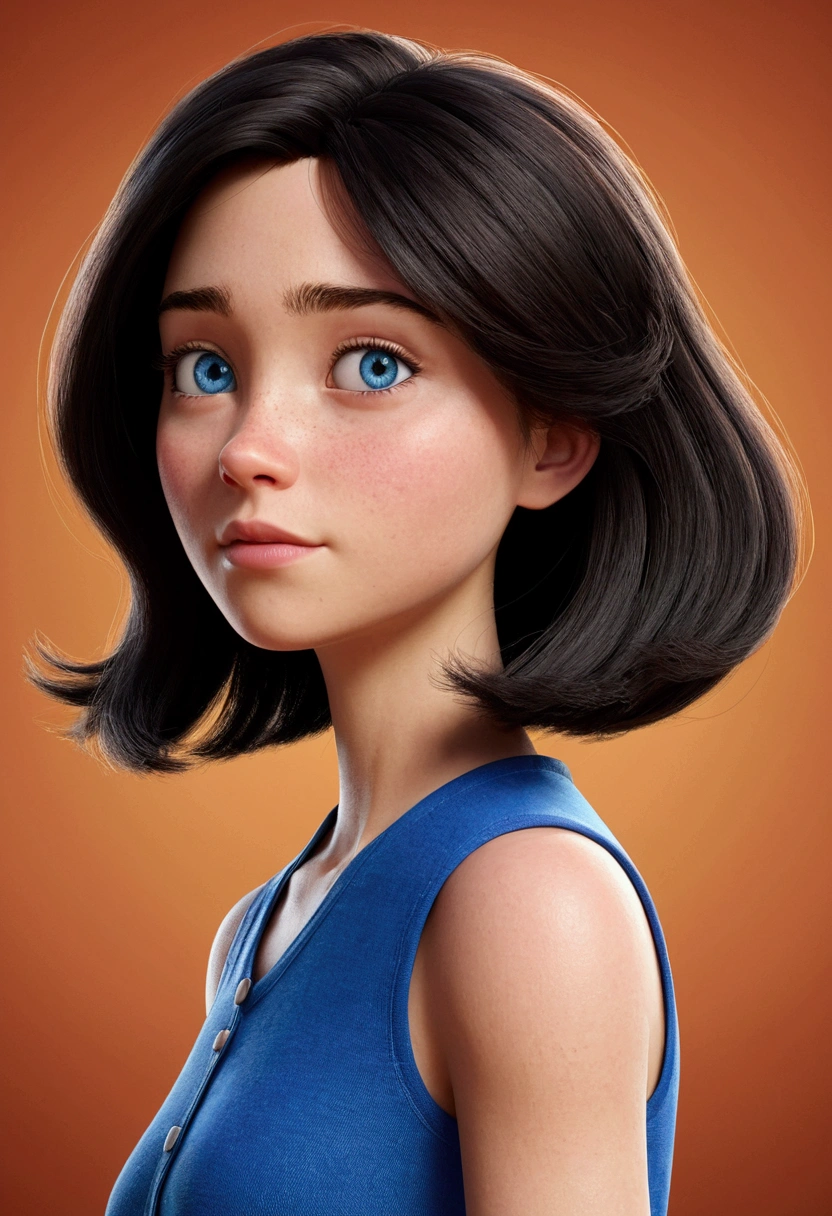 Мультяшный персонаж woman создаёт персонажа в стиле Disney Pixar, woman, WHITE, dark short hair; Blue eyes; animated character; Rendering Animation Styles, 3d stylized, cartoon rendering, detailed texture, shoulder-length profile shot, a lot of free time, Sad face