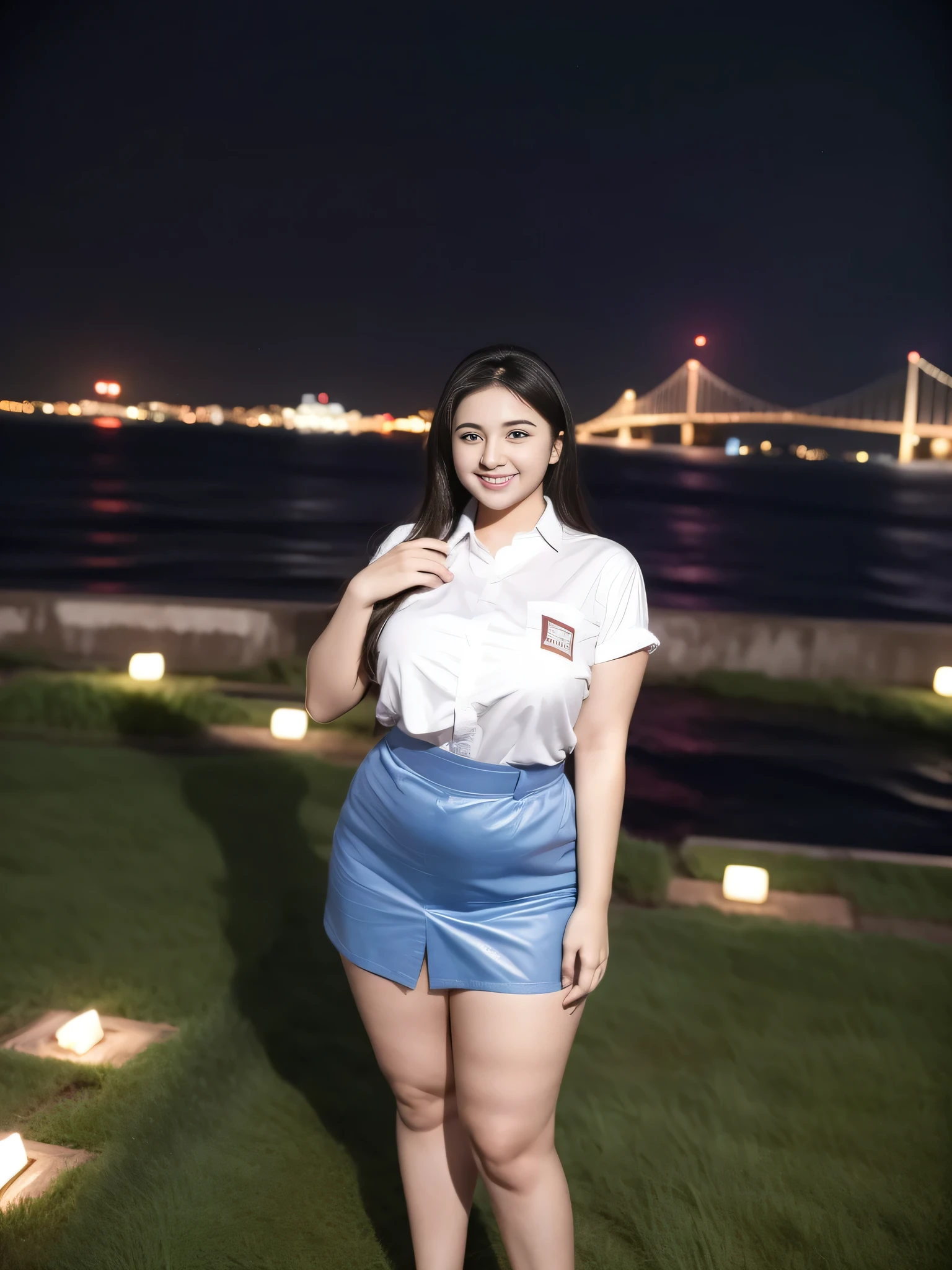 1girl, (uniform), standing, outdoors, night view, detailed Metropolitan city at the background, (Overhead view:1.2), (zoom out: 1.1), detailed face, cute little smile, detailed eyes, thick large breasts, smooth realistic skin, semi-curvy body, white shirt, grey blue short skirt, looking at the audience, (8k, RAW photo, best quality, masterpiece: 1.2), (realistic, realistic: 1.37), ultra-high resolution