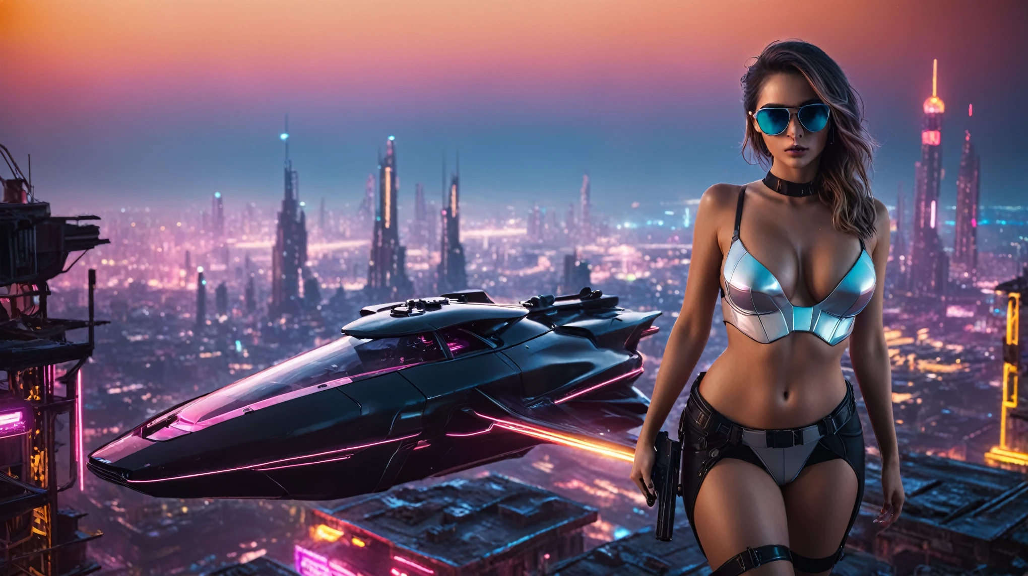 (aerial view, a flying cars docking platform, a very dark abandoned futuristic city, neon lights). 1girl, solo, alone, large-breast:1.2 slim body, cleavage:1.1, sexy dress:1.4, (black sunglasses), ((holding a pistol)), half-body thigh level medium shot, cinematic lighting, lens flare, ray tracing.
