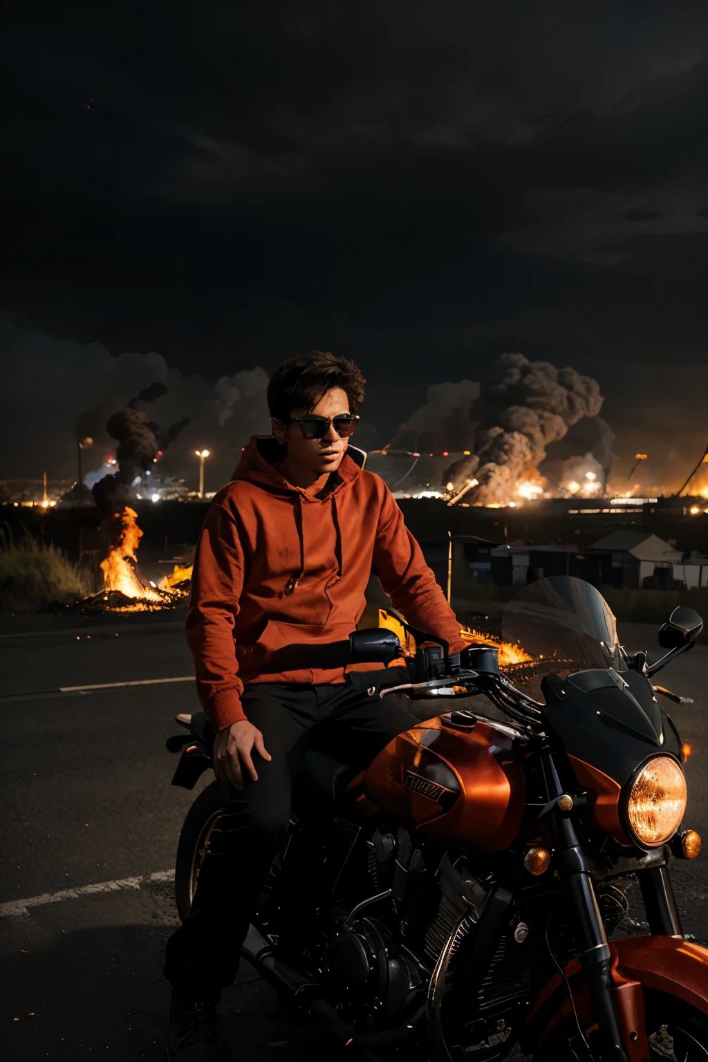 Create a dramatic 3D image of a post-apocalyptic cityscape in the background, with a -yeld boitting on a super motorcycle, holding a glowing 3D nameplate with the name ‘ABID’ in flames, wearing a red hoodie, black pants, and sunglasses, with a bold and fearless expression, as if riding into a blazing inferno, with sparks and embers flying everywhere, and a dark, ominous sky looming above, capturing the intensity and danger of the scene.”