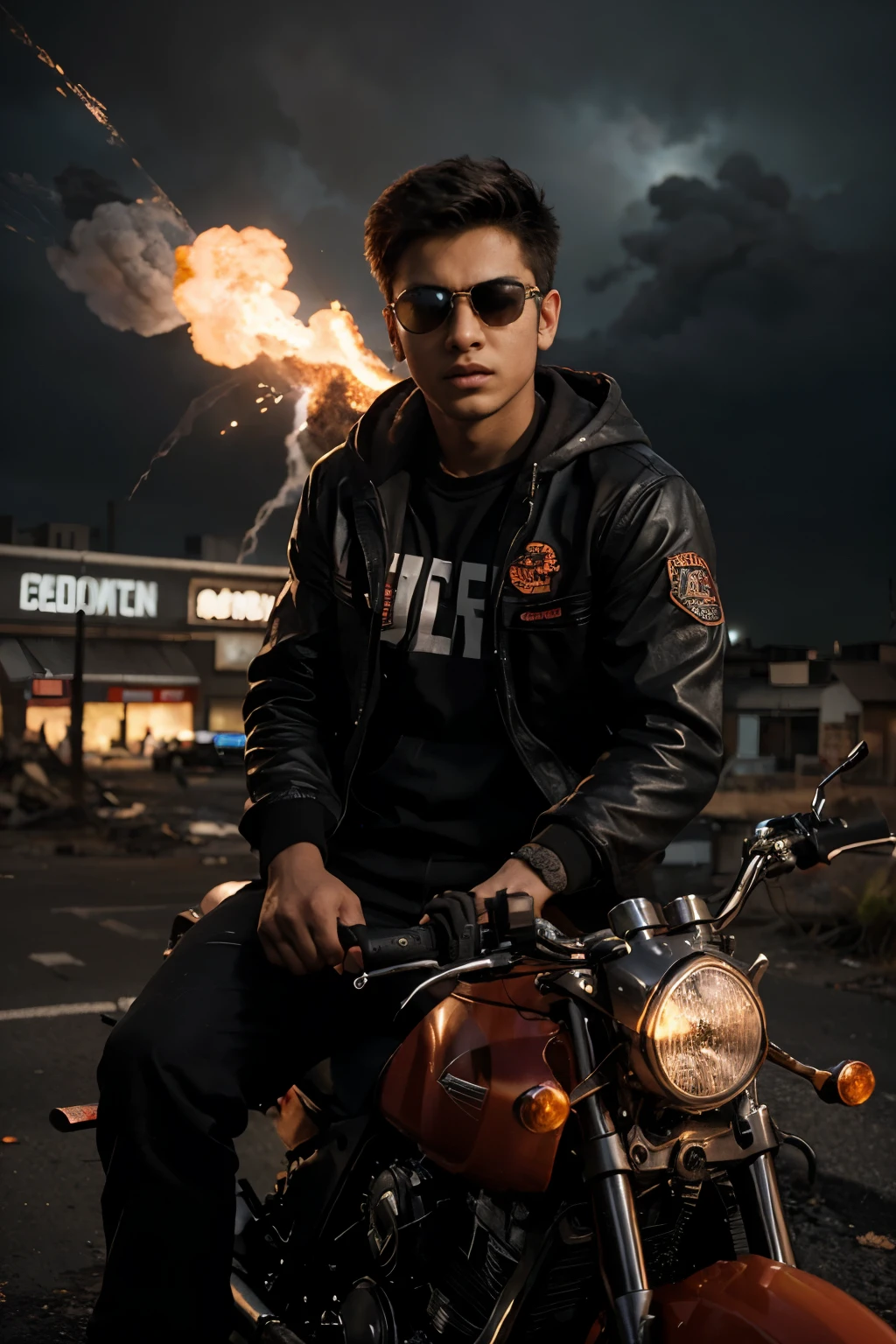 Create a dramatic 3D image of a post-apocalyptic cityscape in the background, with a 16-year-old boy sitting on a super motorcycle, holding a glowing 3D nameplate with the name ‘ABID’ in flames, wearing a red hoodie, black pants, and sunglasses, with a bold and fearless expression, as if riding into a blazing inferno, with sparks and embers flying everywhere, and a dark, ominous sky looming above, capturing the intensity and danger of the scene.”
