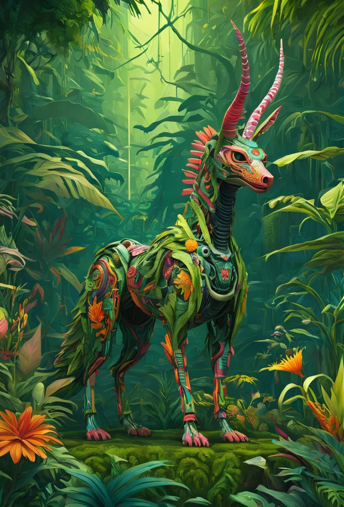 future where genetic engineering incorporates living organisms into their art pieces, covered by fauna, flora. alebrije, masterpiece, UHD, axonometric view, jungle. cyberpunk