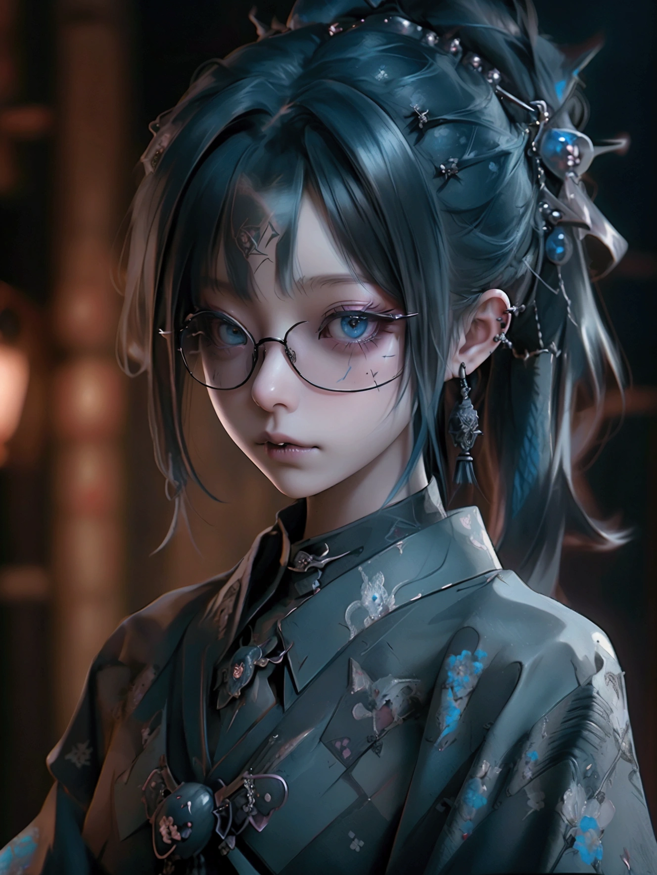 While looking up at the camera, with the 都市景観 in the background looking down at the city from above,Extreme high angle, Looking into the camera, Highest quality、8k、masterpiece:1.3、Gothic Punk、((Image color black and blue))、The inside color is blue、Black-haired、hair ornaments、Beautiful girl、ponytail,creative、Dark Fantasy Style、Neogoth、Goth Fashion:1.2、High resolution、masterpiece、Highest quality、Fine skin、Sharp focus、(Cinematic lighting)、Realistic textured hair、((Glasses))、細いデザインのGlasses