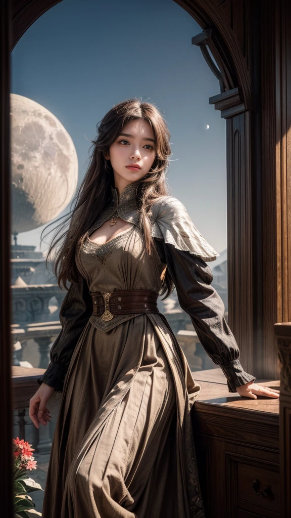 (masterpiece),(best quality), illustration, (fantasy:1.4), Brown long hair, Long eyelashes, Solid round eye, A faint smile, Surrealism, shadow, Relief, Stereogram, Atmospheric perspective, 8K, Super Detail, precise, best quality, Ultra HD, Textured Skin, Long skirt, A moon, Flowers , Paper_cut
