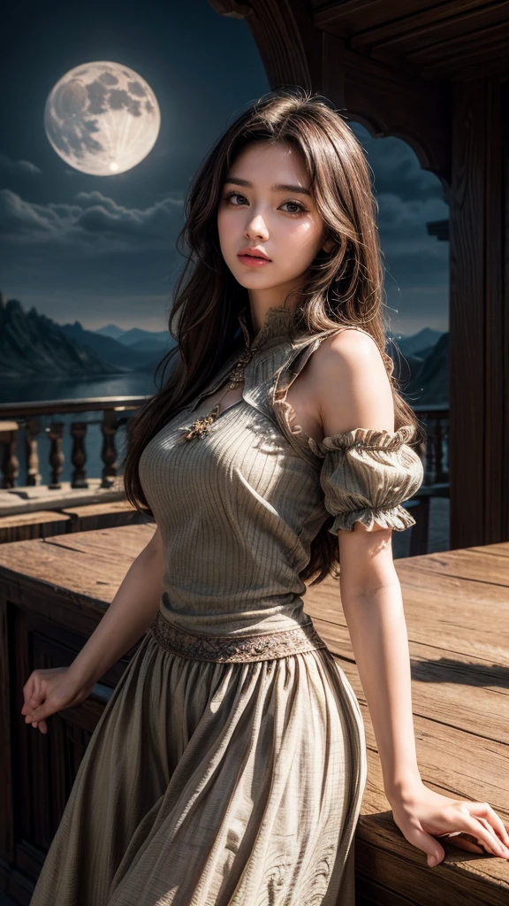 (masterpiece),(best quality), illustration, (fantasy:1.4), Brown long hair, Long eyelashes, Solid round eye, A faint smile, Surrealism, shadow, Relief, Stereogram, Atmospheric perspective, 8K, Super Detail, precise, best quality, Ultra HD, Textured Skin, Long skirt, A moon, Flowers , Paper_cut