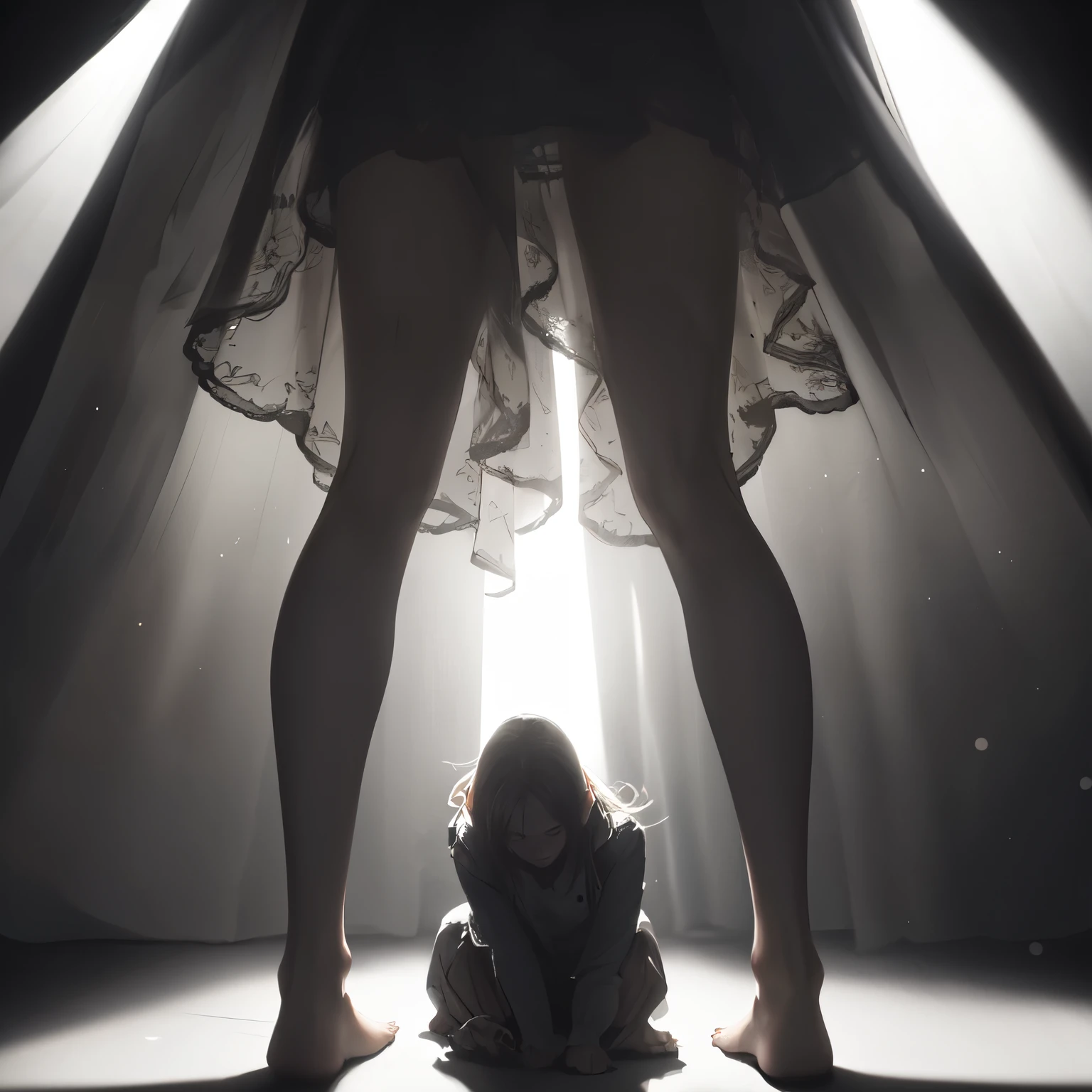 ((8k, Highest quality, masterpiece, Very detailed, Three-part method, focus_Length 35.0 times/2.8, 35mm focus length)), (((Light play, Shadow play))), ((Dynamic pose)), ((Emotional picture)), ((Film Grain)), ((Soft light passing through hair)), ((Atmospheric, dark)), ((One woman photo, Holding my knees)), ((Close-up from below)), ((Looking down)),