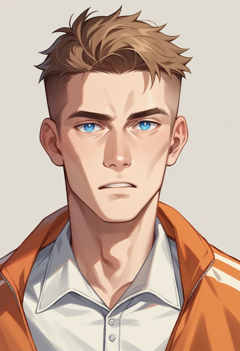  human Male  19 years old  , Brown fade haircut , white shirt ,Orange zip hood,BLUE pupils 