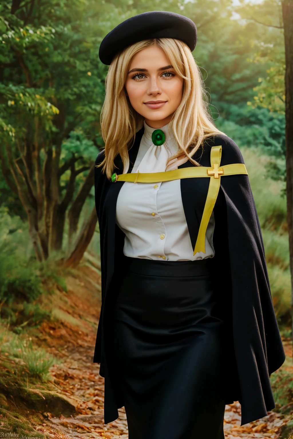 1 girl, best quality, ((Miyo)), tarankaaa, perfect face, hailey lujan 80 percent, beautiful smile, 30 years old, ((ascot,uniform, black skirt, cross, ribbon, gold blonde hair, emerald, beret, cape, pantyhose)), ((perfectly drawn hands)), perfect body, bare tree, bush, fog, forest, grass, nature, outdoors, plant, scenery, solo, standing, tree, 32k photograph, ((perfect eyes, detailed eyes,realistic eyes)), ((sharp face, detailed face, realistic face, natural skin, realistic skin, detailed skin, pores)), full body, tone mapping, asian-european, ((masterpiece)), ((highres)), ((detailed background)), japanese village background, night, big proportions, (abdomen is covered)