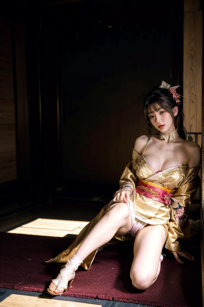 Japanese cyberpunk high fashion of Oiran kimono cool girl, white kimono, cyberpunk, gold color, full body sit with legs spread, japanese room, the big breasts、Round and thick thighs:1.0、camel toe:1.0 (Dynamic light and shadow, High resolution, Sharp focus, Depth of written boundary), against bright pink background, nsfw
