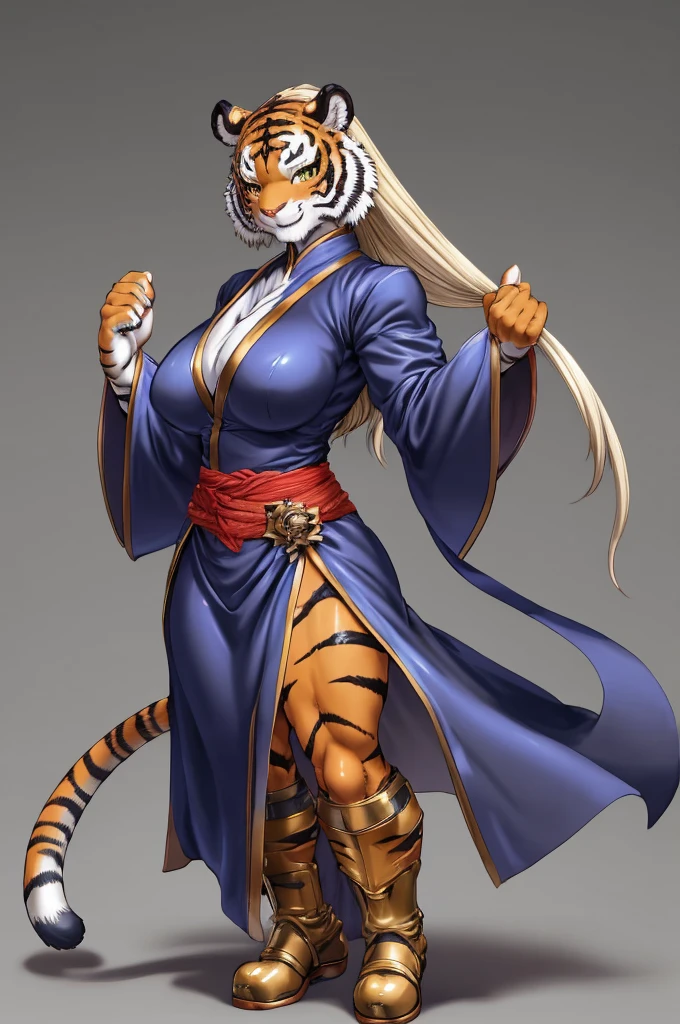 ((tiger)), furry female anthro,HD,sharp,beautiful and detailed,woman ((anthro)),1girl,Milf, mature woman,(look at viewer) ,(perfect eyes),by dr comet,by pochincoff, by jlullaby,by kingbang,by obui,by ZeroQrisu,by sparrow,by gmeen,yellow eyes,standing,kung fu outfit,((simple background)),(gray background),