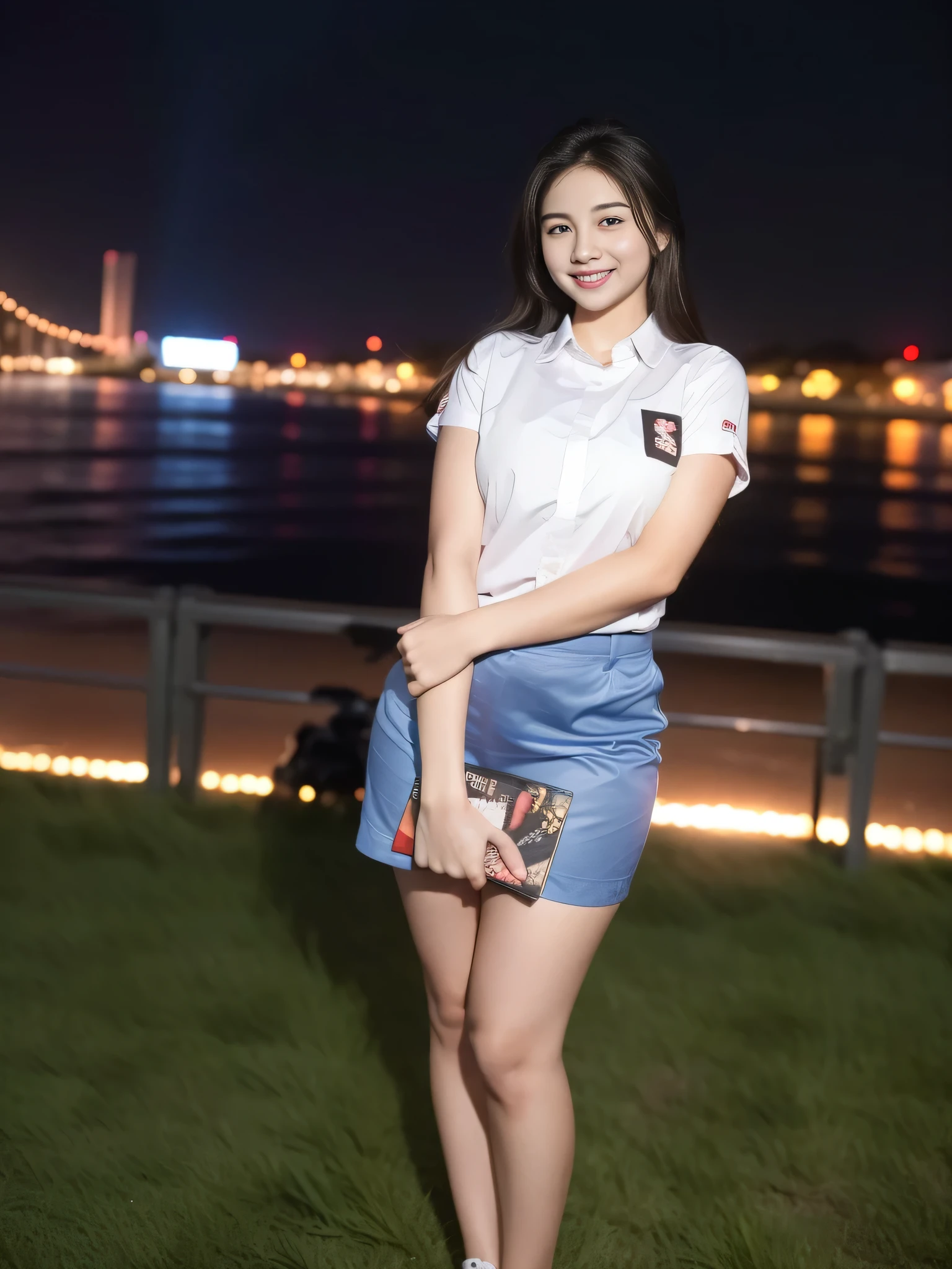1girl, (uniform), standing, outdoors, night view, detailed Metropolitan city at the background, (Overhead view:1.2), (zoom out: 1.1), detailed face, cute little smile, detailed eyes, thick large breasts, smooth realistic skin, semi-curvy body, white shirt, grey blue short skirt, looking at the audience, (8k, RAW photo, best quality, masterpiece: 1.2), (realistic, realistic: 1.37), ultra-high resolution