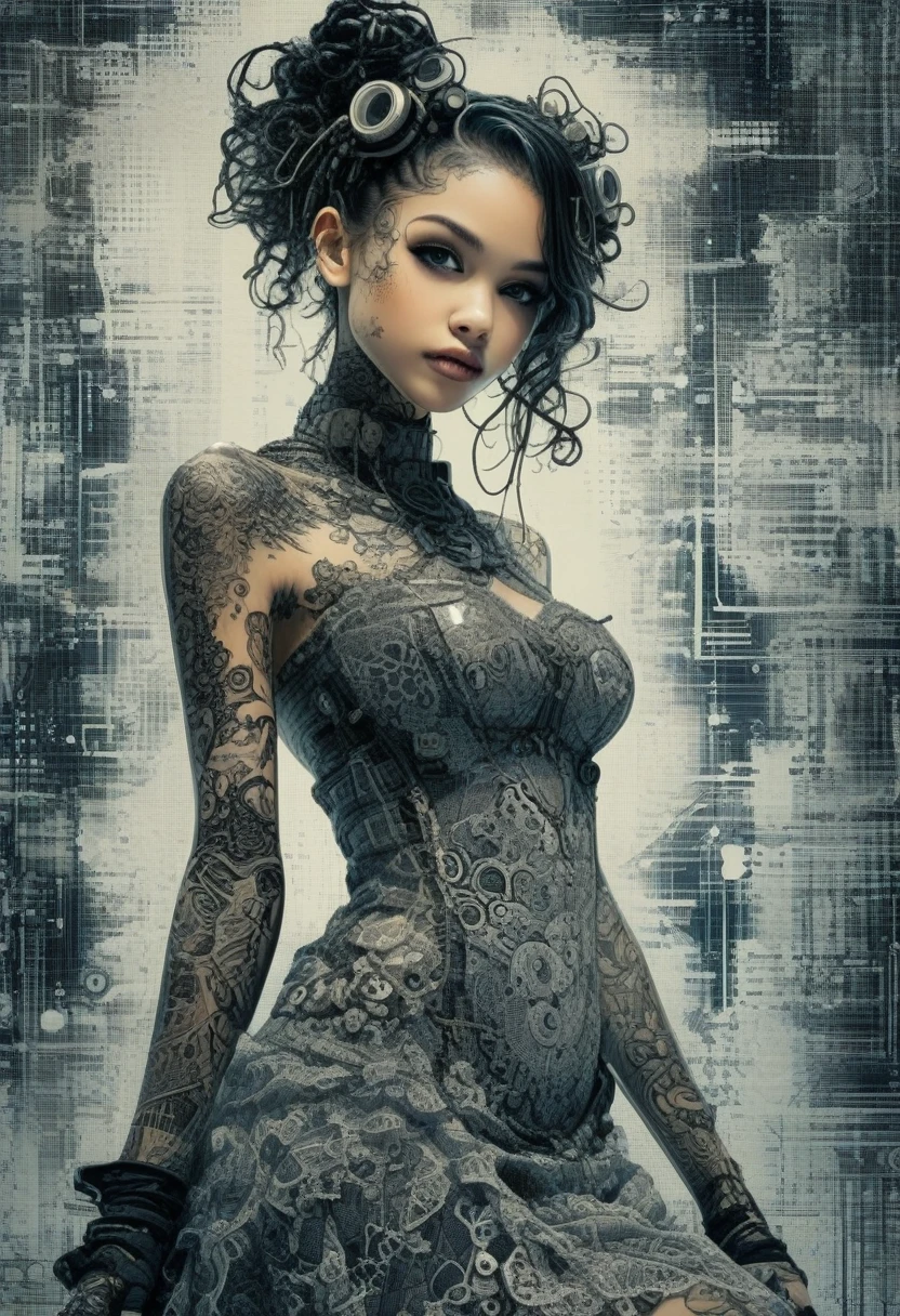 drawix9 cyborg girl, ink, cinematic, expressive, very detailed, lace dress and stockings