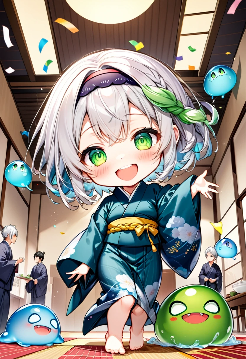 Highest quality, High resolution, Detailed Background, Beautiful face in every detail, Anatomically correct, Detailed facial expressions, fine grain, ((full body:1.2, from below, front view, looking away:1.3)), ((One Girl:1.2)), ((Chibi Girl:1.2)), (perform a comedy routine, company party), silver Hair, beautiful clear big green eyes, Braided Bob, (hair band:1.2), BREAK (yukata, barefoot), (Very big smile:1.3), ((ball-riding with a big slime:1.3, Spread arms horizontally, have fans)), BREAK (Background is the Japanese-style banquet hall, Yukata colleague, Confetti, Many dishes, Bottled beer)