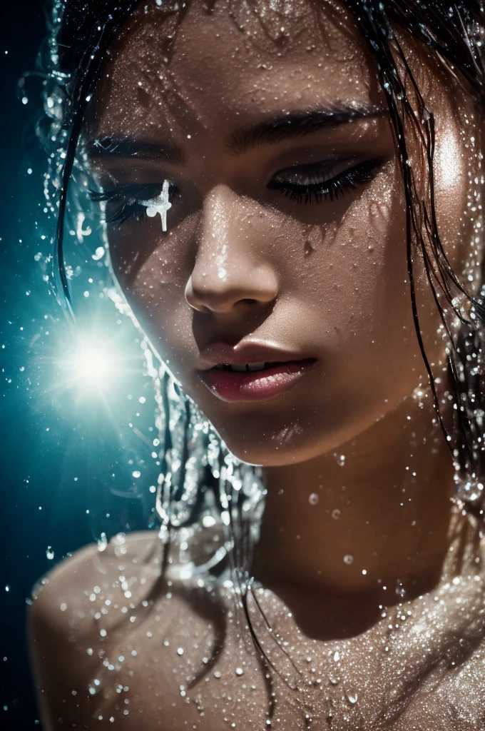 A photograph capturing a xxmixgirl, Soaked in water, dressed in a white t-shirt. Detailed water droplets stuck to your skin, while surreal, dramatic lighting casts an evocative shadow. The overall style reflects a realistic focus, but professional and marketing, similar to the captivating aesthetic found in the works of Brandon Woelfel and Ryan McGinley. --v 5.2