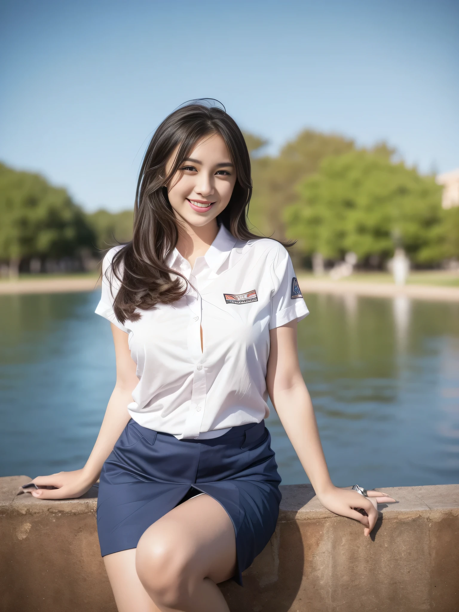 1girl, (uniform), standing, outdoors, night view, detailed Metropolitan city at the background, (Overhead view:1.2), (zoom out: 1.1), detailed face, cute little smile, detailed eyes, thick large breasts, smooth realistic skin, semi-curvy body, white shirt, grey blue short skirt, looking at the audience, (8k, RAW photo, best quality, masterpiece: 1.2), (realistic, realistic: 1.37), ultra-high resolution