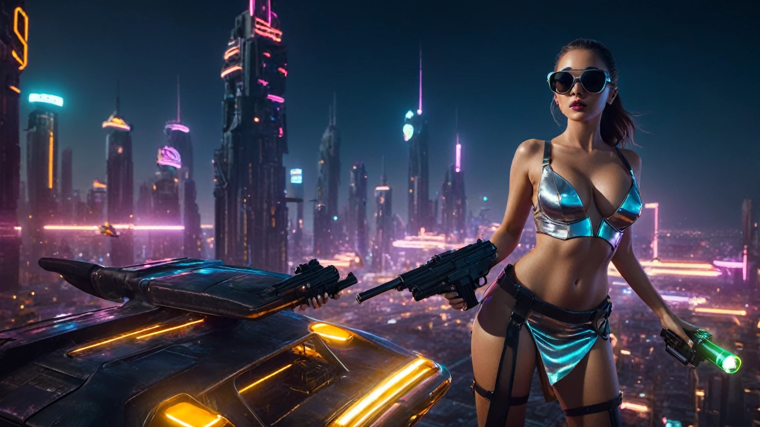 (aerial view, a flying cars docking platform, a very dark abandoned futuristic city, neon lights). 1girl, solo, alone, large-breast:1.2 slim body, cleavage:1.1, sexy dress:1.4, (black sunglasses), ((holding a pistol)), half-body thigh level medium shot, cinematic lighting, lens flare, ray tracing.