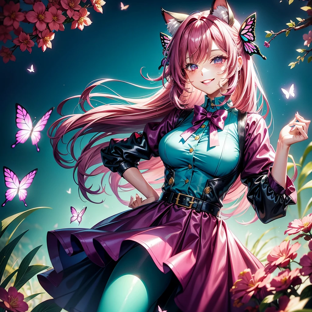 Magenta hair, hazel eyes, older woman, hair bows, cat ears, long hair, smiling face, sexy outfit, butterflies, teal and gold outfit, butterfly background, uniform top