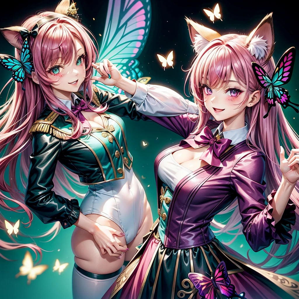 Magenta hair, brown eyes, older woman, hair bows, cat ears, long hair, smiling face, sexy outfit, butterflies, teal and gold outfit, butterfly background, uniform open chest top