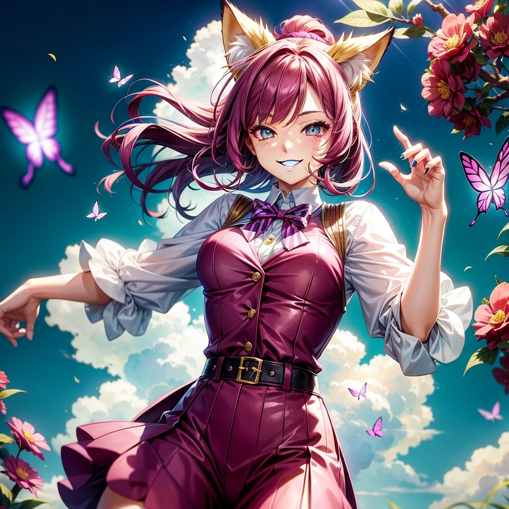 Magenta hair, hazel eyes, older woman, hair bows, cat ears, long hair, smiling face, sexy outfit, butterflies, teal and gold outfit, butterfly background, uniform top